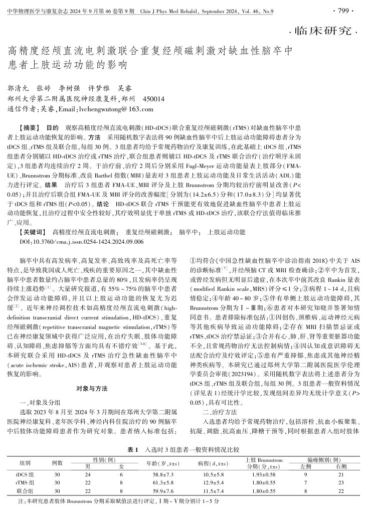 高精度经颅直流电刺激联合重复经颅磁刺激对缺血性脑卒中患者上肢运动功能的影响 首页缩略图